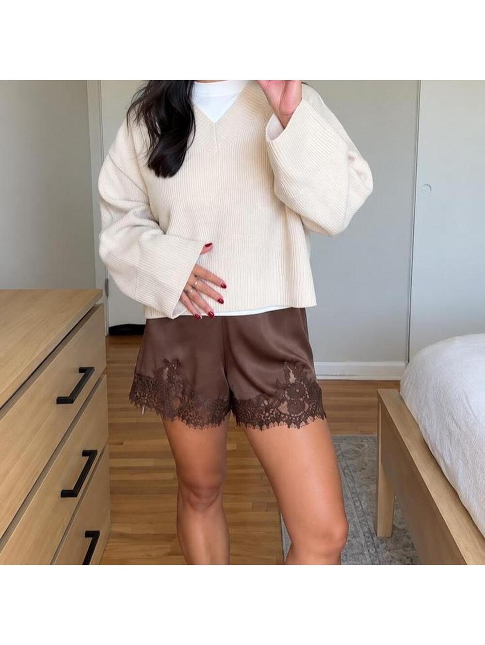 Reformation Fern Satin Shorts in Pinecone Brown